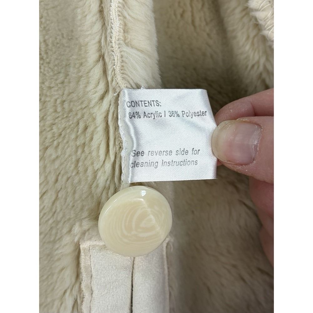 Vintage Gallery Women's Medium Faux Suede Shearling Fur Hooded Coat Cream Jacket - Picture 8 of 9